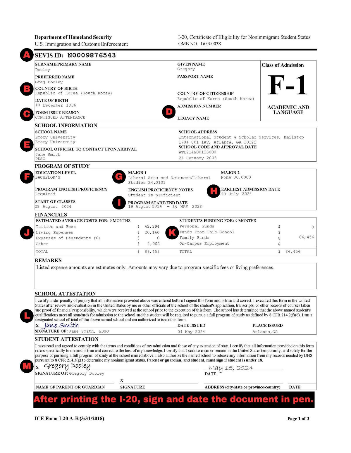 Dooley I-20 Page 1 with letters